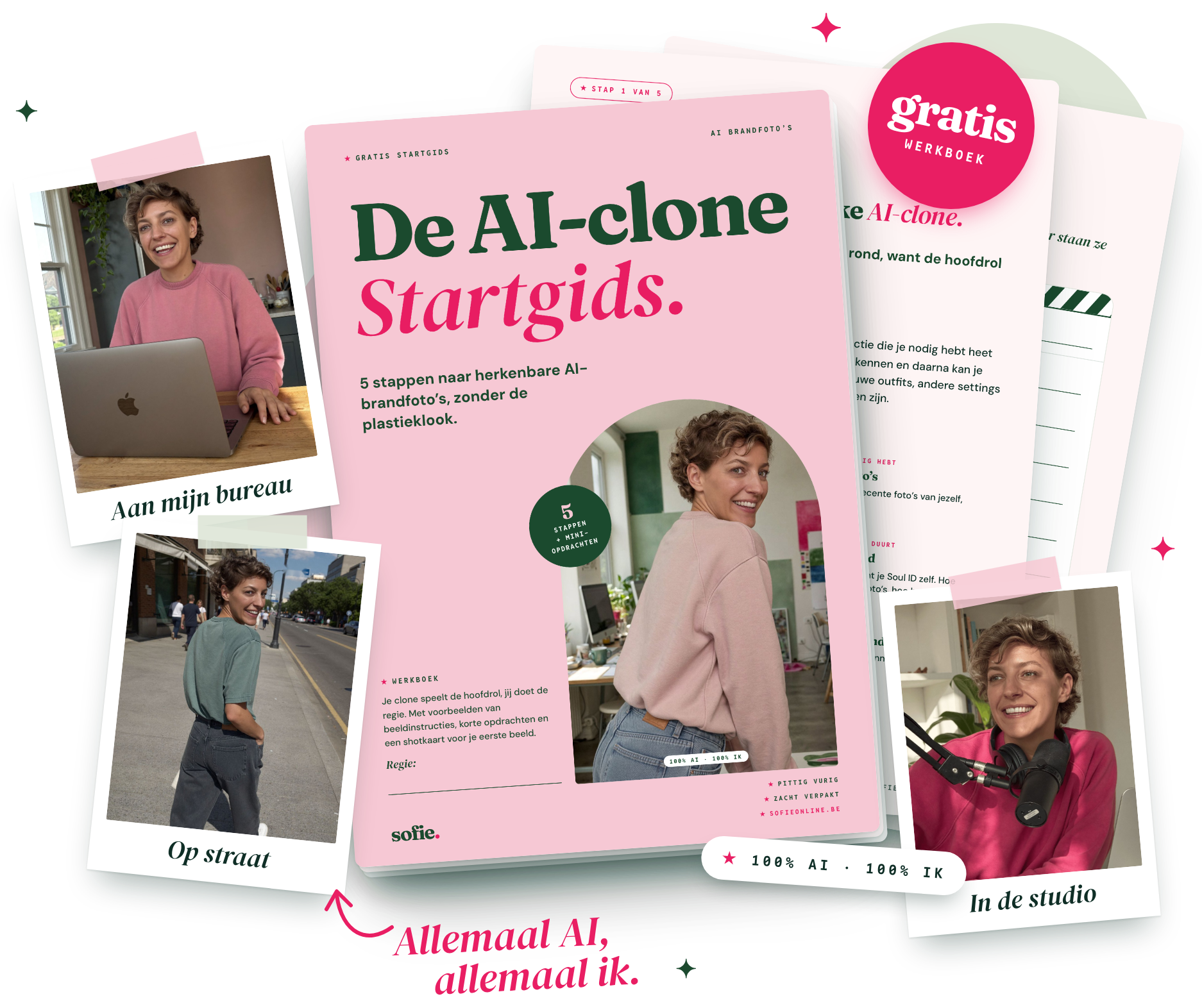 De gratis AI-clone Startgids met werkbladen en AI-brandfoto’s van Sofie