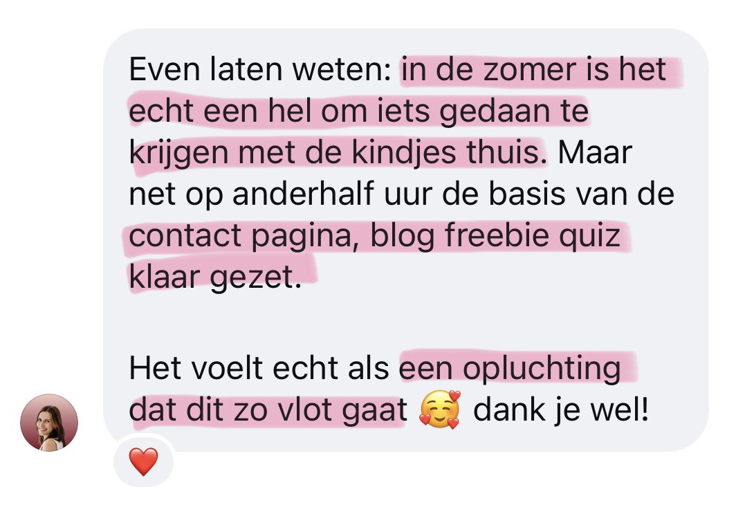 Bericht van een klant over contactpagina, blog en quiz in anderhalf uur