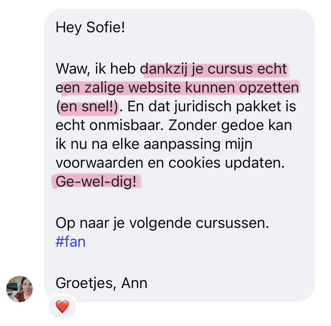 Bericht van Ann over haar website gemaakt met de training