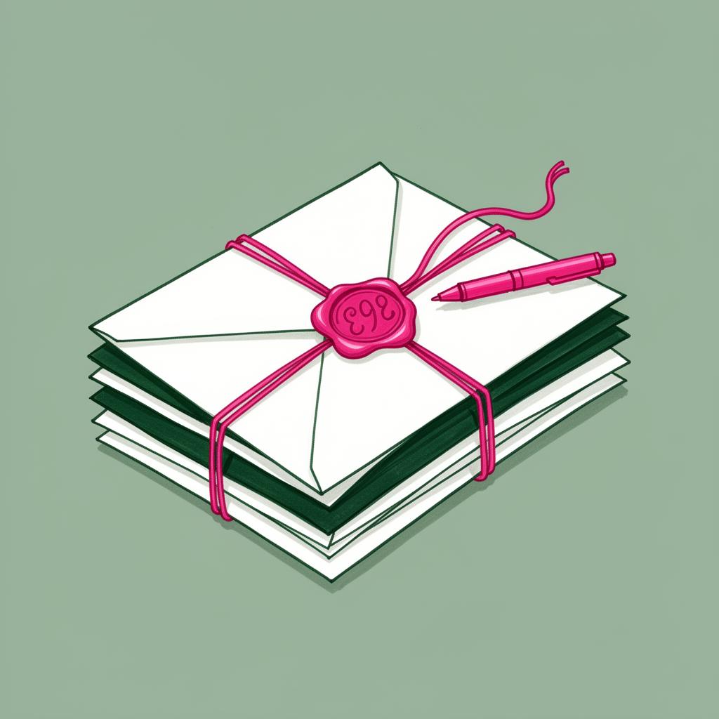 Illustratie van een stapel brieven met roze lakzegel